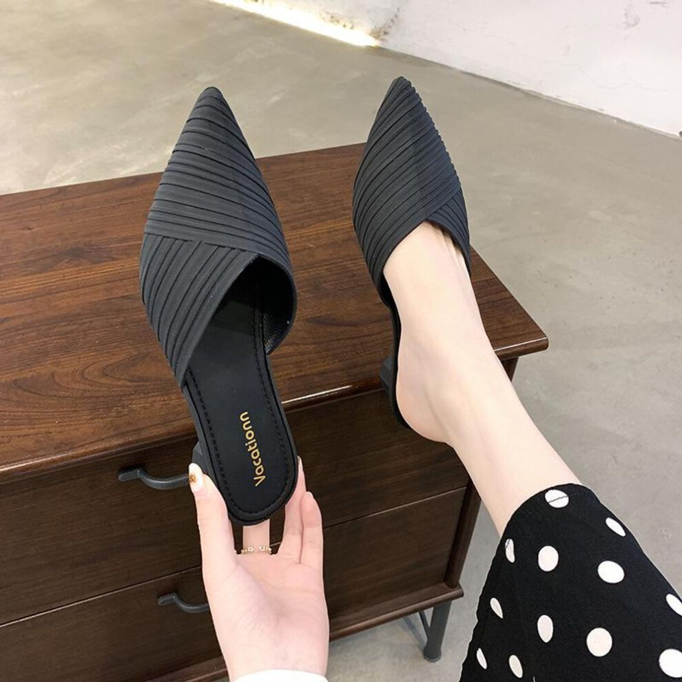(black, 40) Women's Pointed-Toe Mid-Heeled Mules: Closed-Toe, Slip-On Half-Slippers, Korean Style, Ideal for Spring and Autumn.