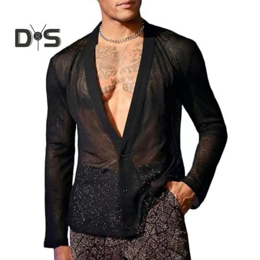 (XL, black) Men Club Shirt Ultra Thin See-through Mesh V Neck Button-down Long Sleeves Muscular Men Top Party Performance Top