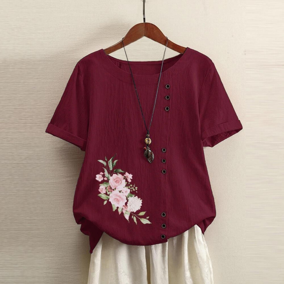 (3XL, red) 2025 Cotton Women's Clothing Retro Printing Casual Loose Cotton and Linen Short Sleeved T-shirt Women's Clothing Large