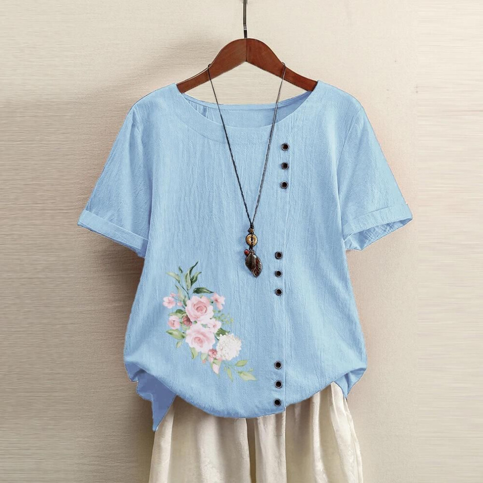 (2XL, sky blue) 2025 Cotton Women's Clothing Retro Printing Casual Loose Cotton and Linen Short Sleeved T-shirt Women's Clothing Large