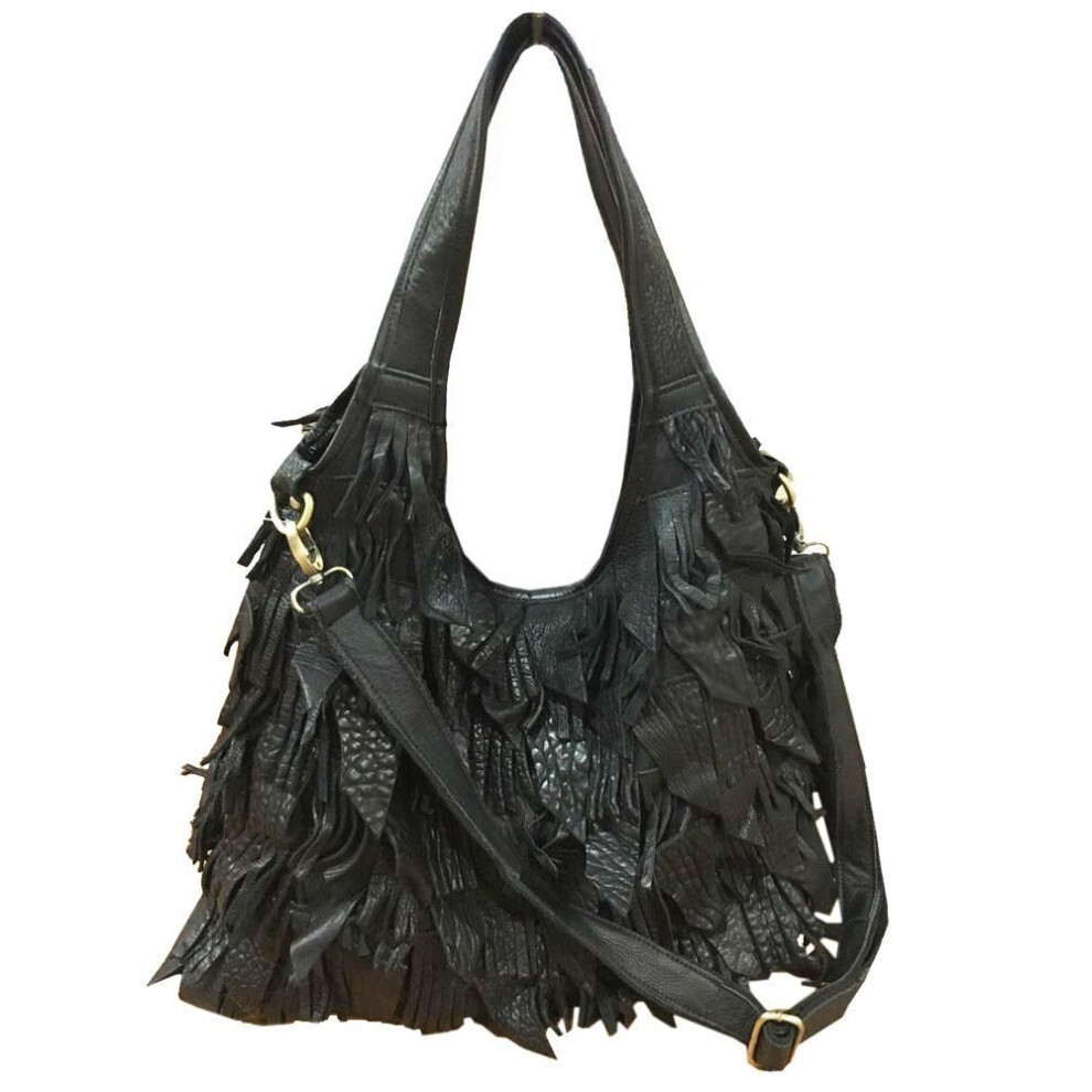(black) Bags Handbags Women's Bags Leather Tassel Bags One Shoulder Crossbody Bags Splicing Tote Bags