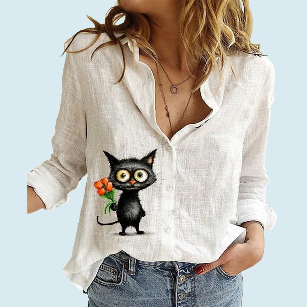 (M, white) Women Fashion Buttoned Long Sleeve Shirt Ladies Casual Thin Cotton Linen Top Stand-collar Cat Print Long Sleeve Blouse