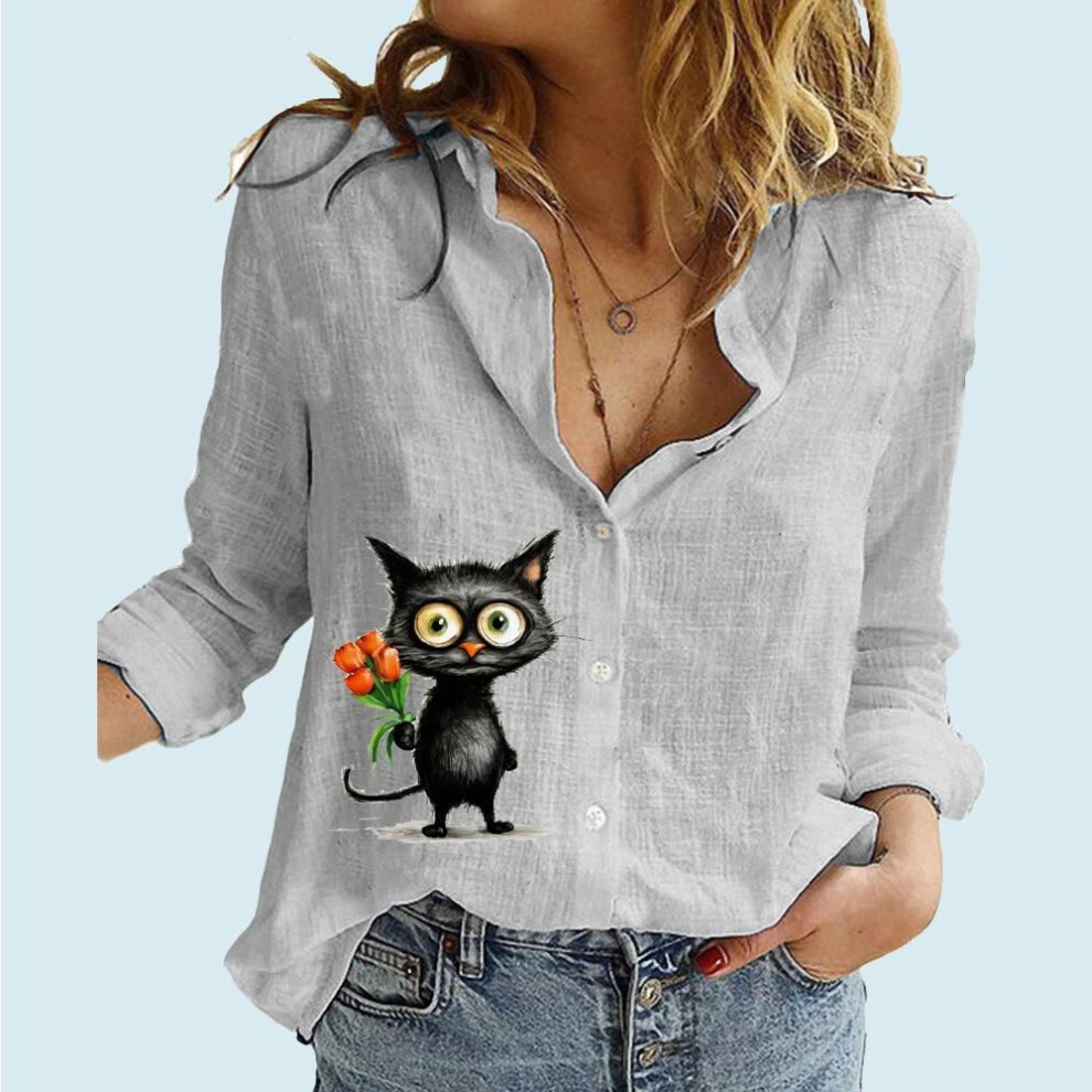 (2XL, grey) Women Fashion Buttoned Long Sleeve Shirt Ladies Casual Thin Cotton Linen Top Stand-collar Cat Print Long Sleeve Blouse