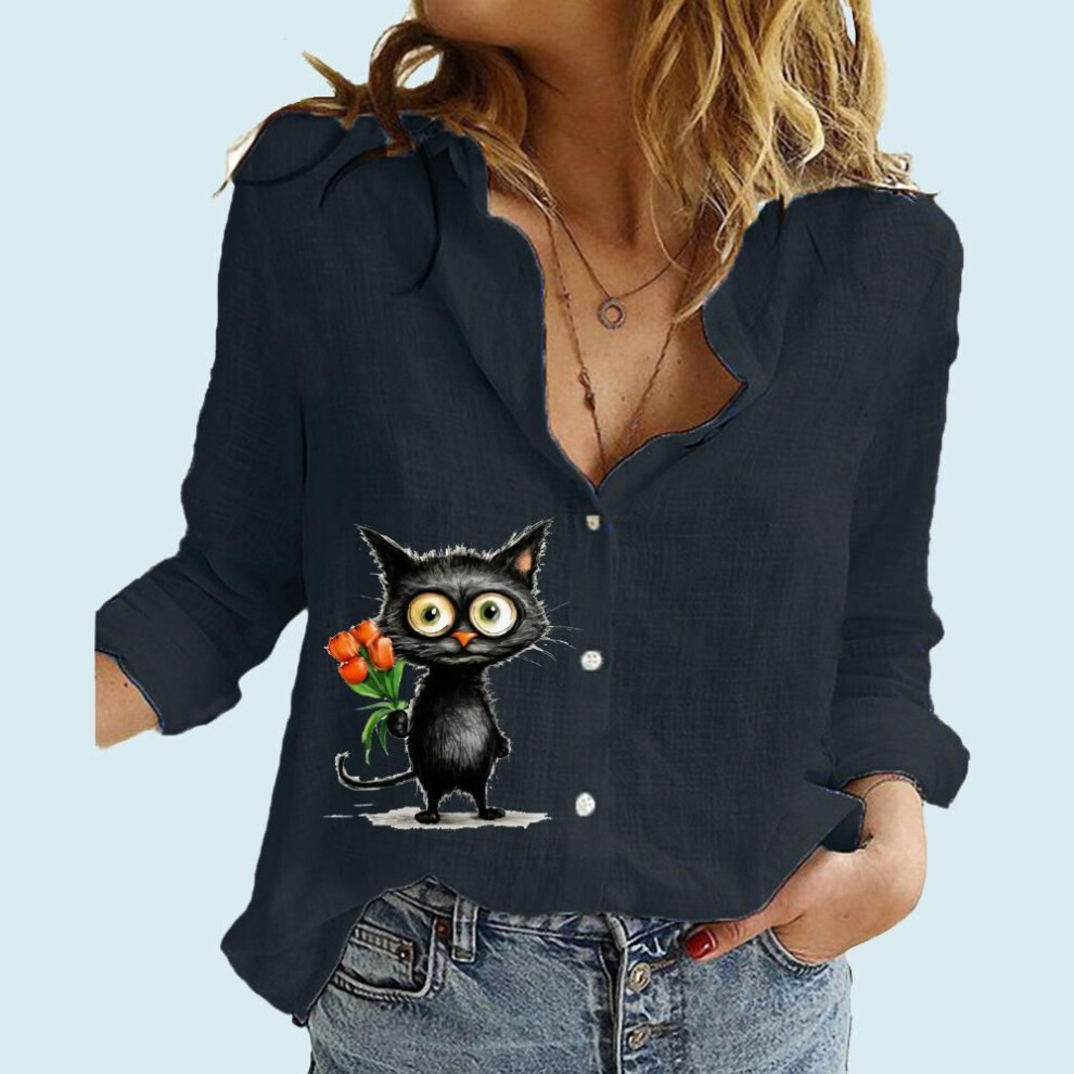 (L, black) Women Fashion Buttoned Long Sleeve Shirt Ladies Casual Thin Cotton Linen Top Stand-collar Cat Print Long Sleeve Blouse