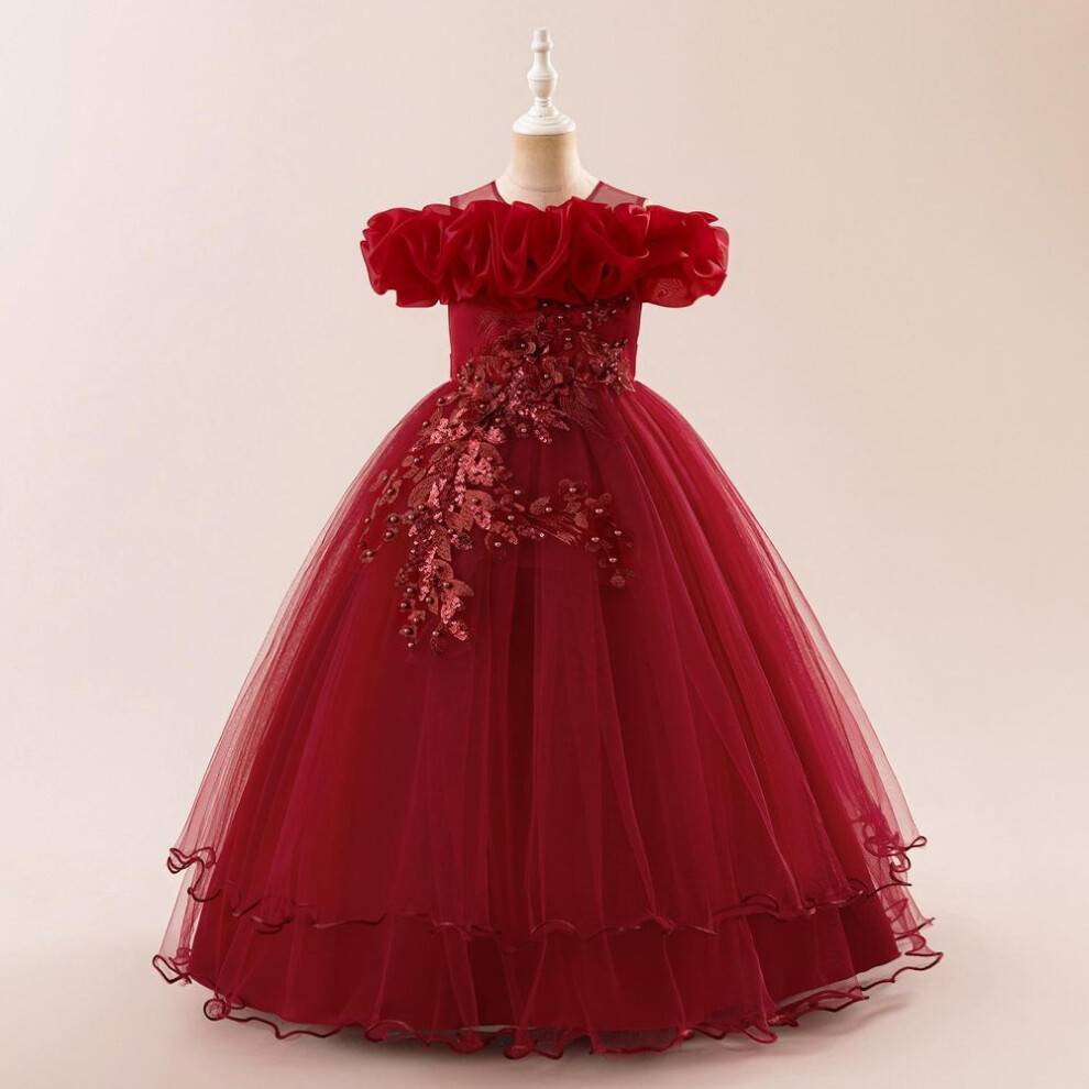 (maroon, 150cm10Y) Flower Girl Princess Dress For Weddings Summer Kid Formal Bow Long Gown For School Evening Party Children Dresses Alp-0031