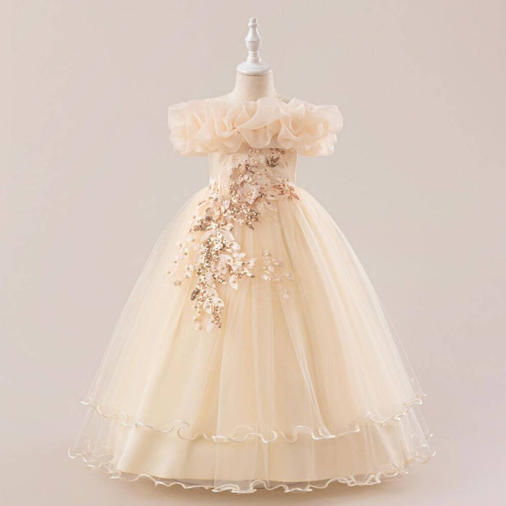 (champagne, 140cm9Y) Flower Girl Princess Dress For Weddings Summer Kid Formal Bow Long Gown For School Evening Party Children Dresses Alp-0031