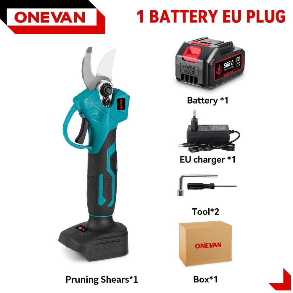 (1Battery 1EU charger) Onevan 32mm Brushless Electric Pruning Shears High Power  2 Gears Pruner Garden Tree Branch Cutter Scissors Tool For Makita 18v-21v Battery