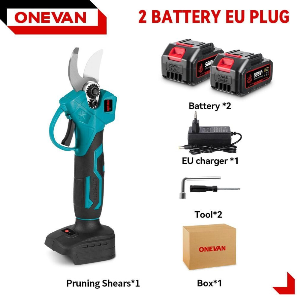 (2Battery 1EU charger) Onevan 32mm Brushless Electric Pruning Shears High Power  2 Gears Pruner Garden Tree Branch Cutter Scissors Tool For Makita 18v-21v Battery
