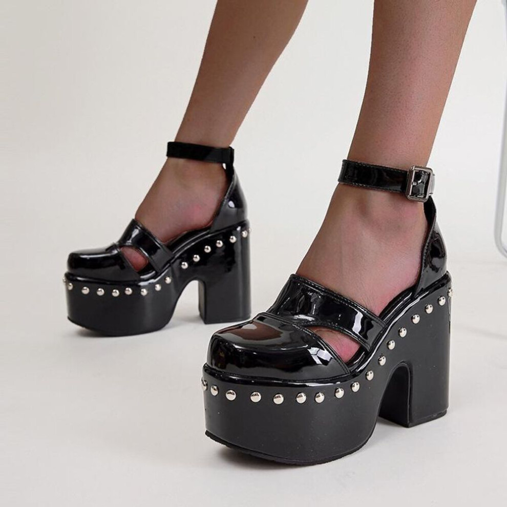 (black, 43) Waterproof Patent Leather Platform Sandals with Thick Heel and Closed Toe, Sizes 34-43.
