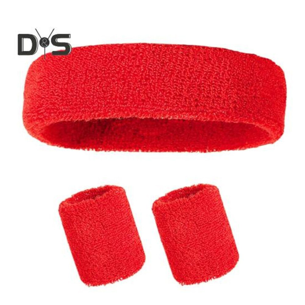 (red) Sweatband Set Sports Headband Wristband Set Terry Cloth Tennis Gymnastics Wristband Athletic Sweat Headband for Men Women