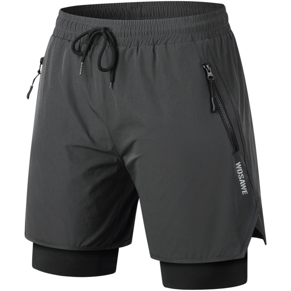 (grey, M) WOSAWE Men Women MTB Cycling Padded Liner Zipper Pockets Breathable 2 in 1 Padded MTB Shorts