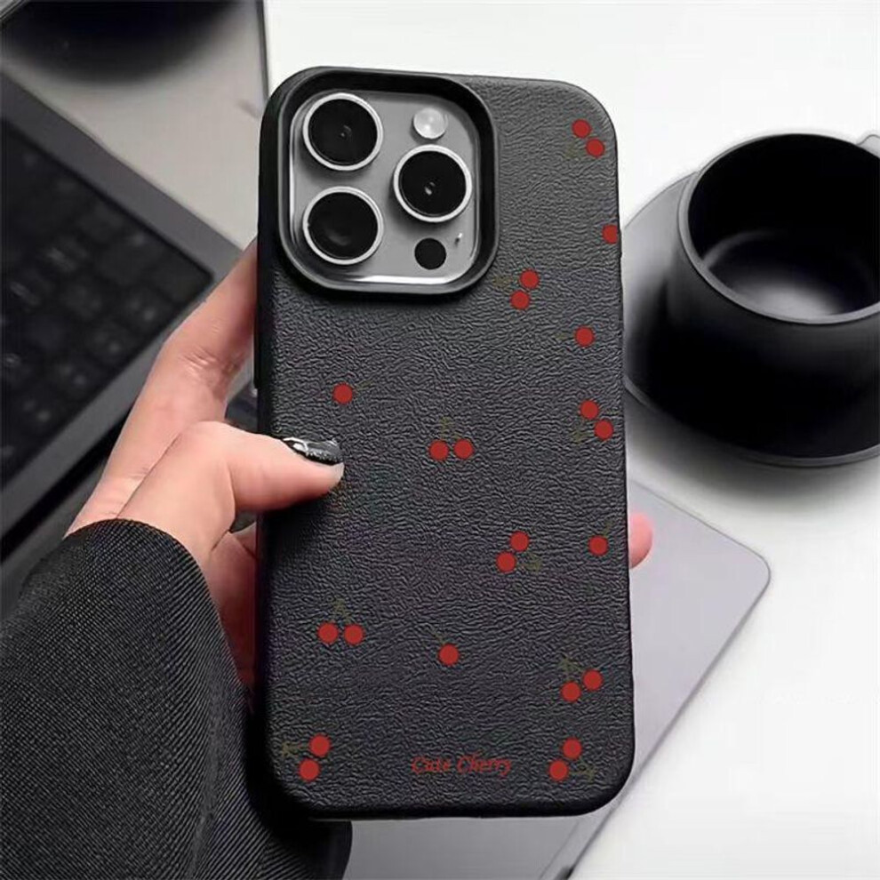 (black, iPhone 15 Pro) Cute Little Cherry Print Slim Leather Texture Case For iPhone 16 Pro Max 15 Pro 14 13 12 11 Soft TPU Shockproof Matte Phone Cover