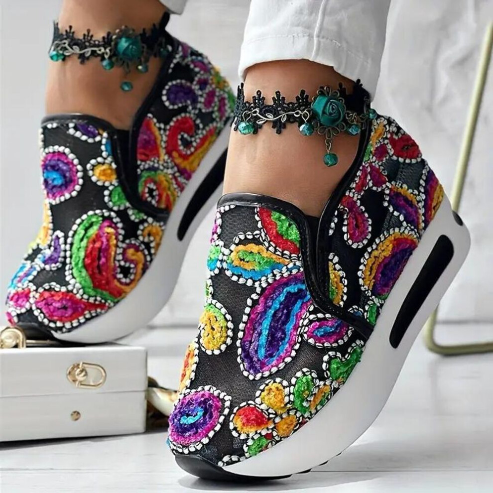 (black, 40) Colorful Embroidered Low-Top Sneakers Wedge Heel Running Shoes