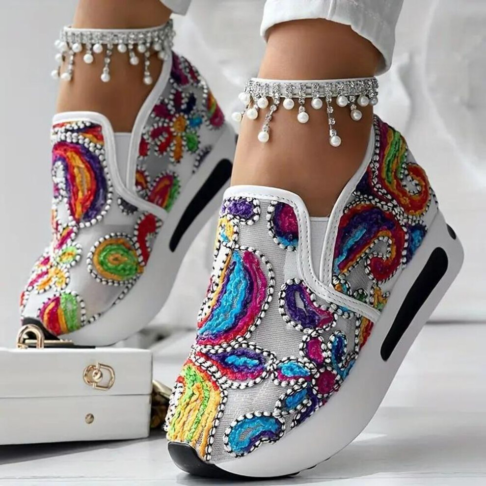 (white, 39) Colorful Embroidered Low-Top Sneakers Wedge Heel Running Shoes