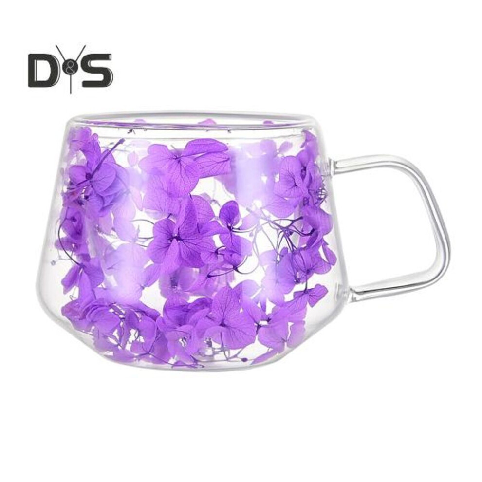 (purple, 200ML) 200ml Clear Glass Mug Double Wall Insulated Cup With Handle Aesthetic Dehydrated Flower Design Heat Preserving Tumbler For Coffee Tea