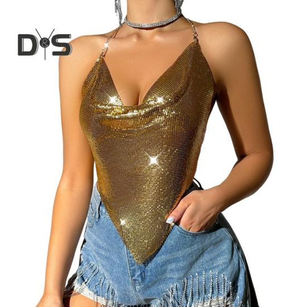 (S, golden) Women Sequin Sling Tops Halter Sleeveless Backless Short Vest with Metal Chain Laces And Swing Collar Sexy Camisole