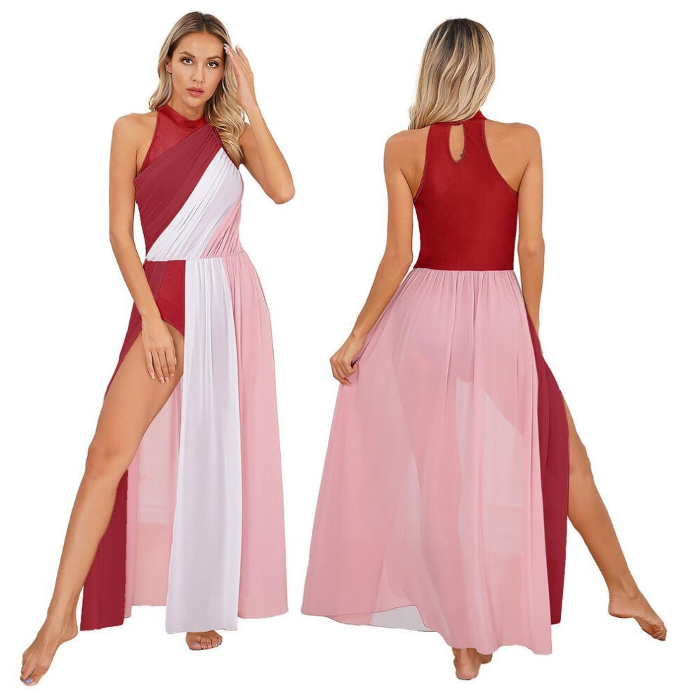 (burgundy, M) Women's Color Block Lyrical Dance Costume Long Maxi Split Modern Contemporary Dance Dress