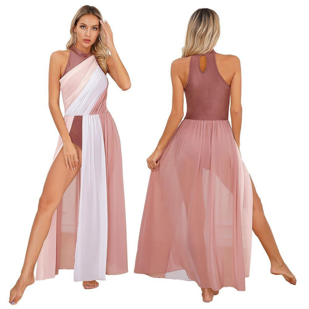 (pastel pink, M) Women's Color Block Lyrical Dance Costume Long Maxi Split Modern Contemporary Dance Dress