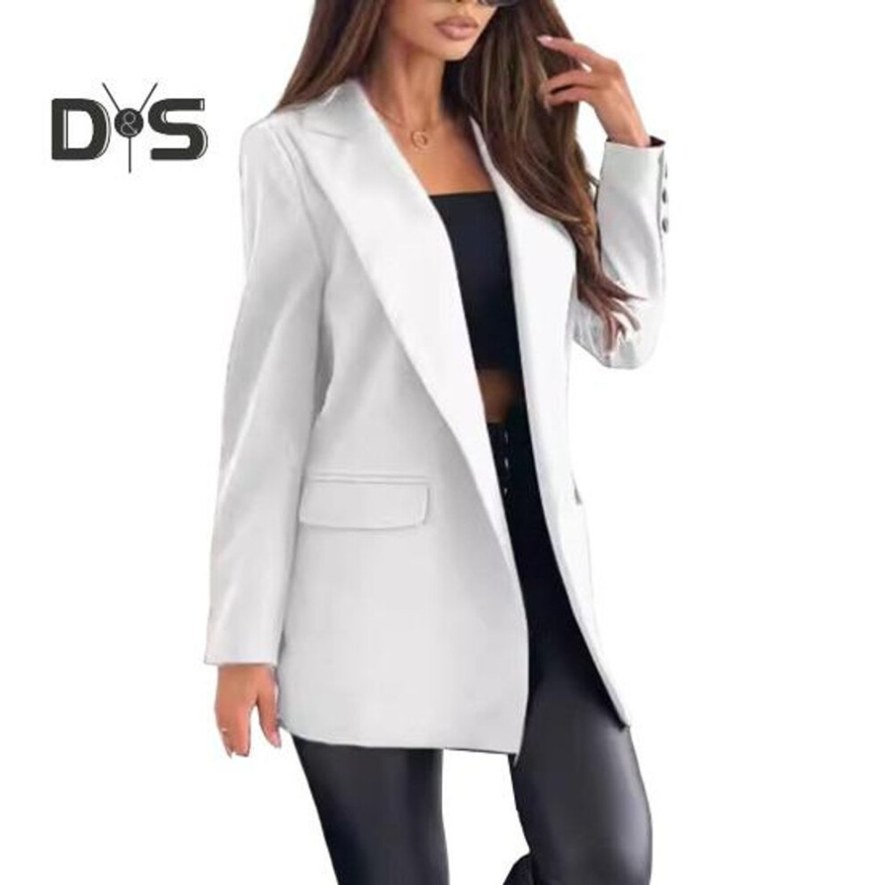 (white, XL) Women Suit Coat Lapel Long Sleeve Flap Pockets Suit Jacket Button Decor Slim Fit Solid Color Formal Jacket
