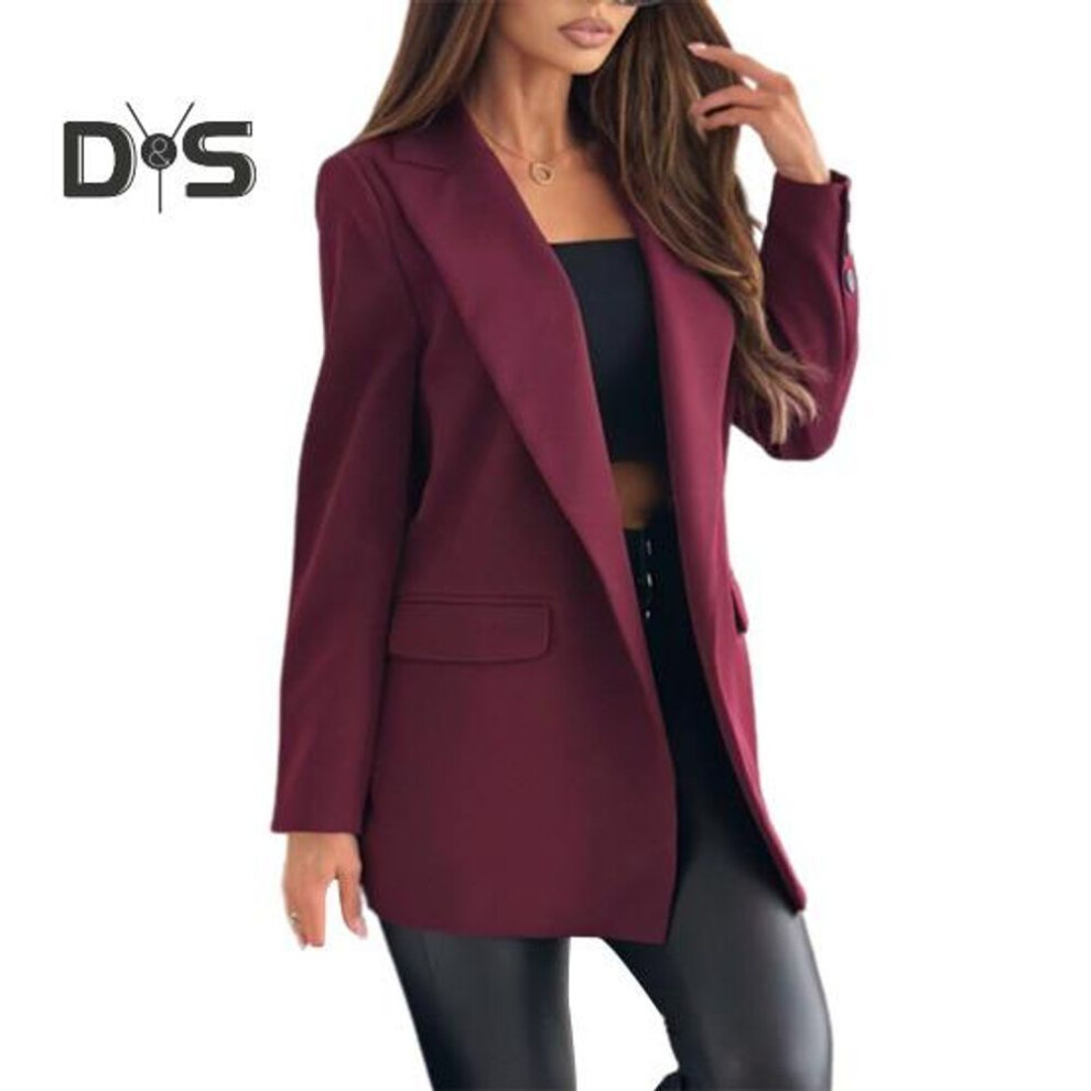 (wine red, XL) Women Suit Coat Lapel Long Sleeve Flap Pockets Suit Jacket Button Decor Slim Fit Solid Color Formal Jacket