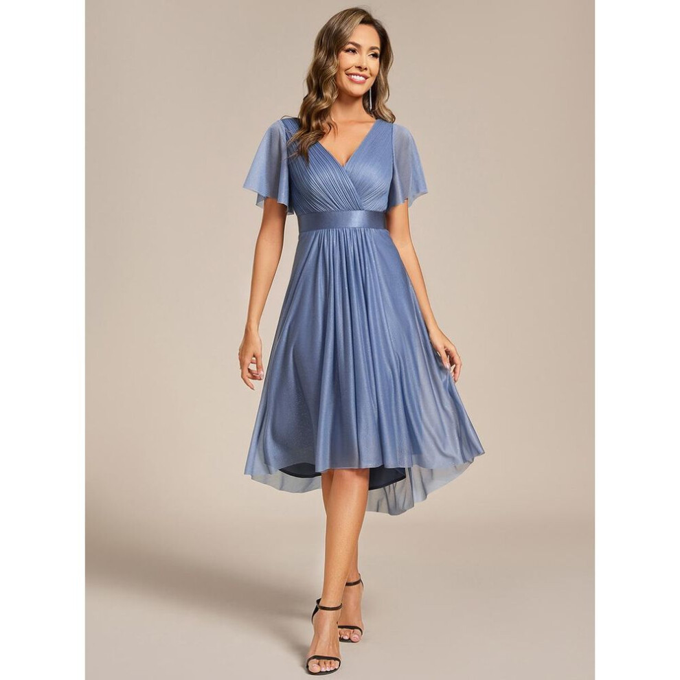 (blue-gray, M) Ever-pretty Women's Elegant Shimmering V-neck Ruffles Sleeve Pleated Wedding Guest Dresses With Asymmetrical Hem