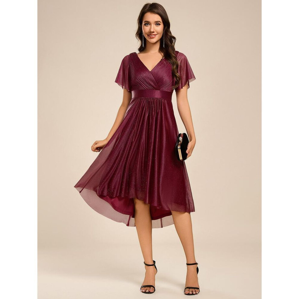 (burgundy, XL) Ever-pretty Women's Elegant Shimmering V-neck Ruffles Sleeve Pleated Wedding Guest Dresses With Asymmetrical Hem