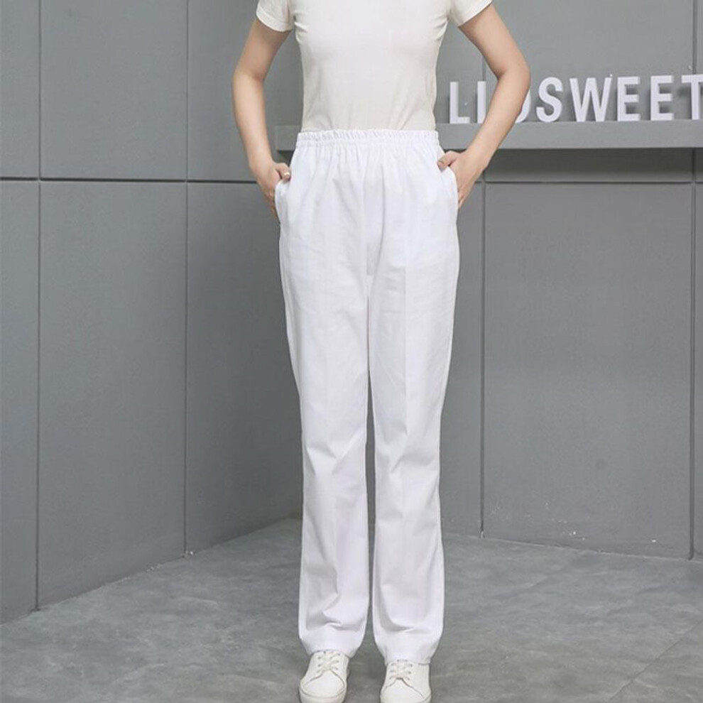 (white, 2XL, four seasons) Thick Elastic Waist Nurse Uniform Pants - White, Pink, Blue, Green, Large Size