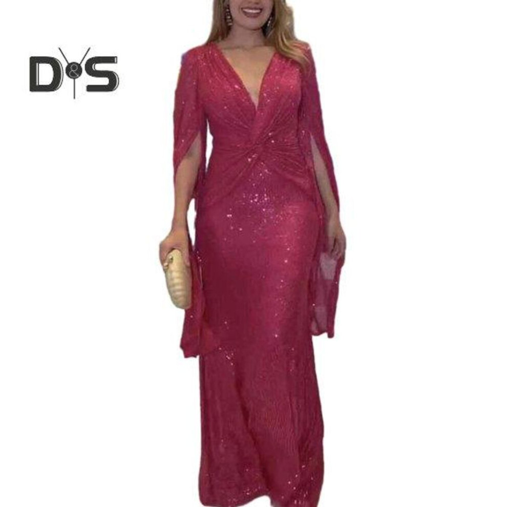 (red, XL) Women Evening Dress Split Sleeves Deep V Neck Shiny Sequin SLim Fit Tight Waist Knot Pleated Full Length Solid Color Lady Prom Banquet Maxi Dress