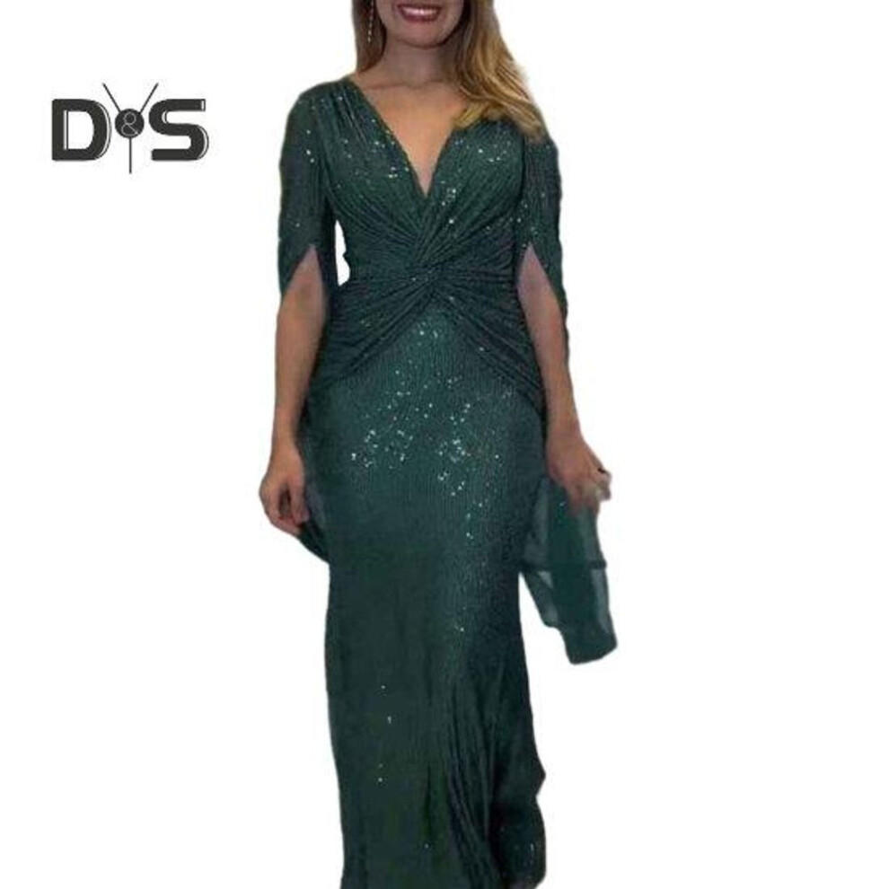 (green, S) Women Evening Dress Split Sleeves Deep V Neck Shiny Sequin SLim Fit Tight Waist Knot Pleated Full Length Solid Color Lady Prom Banquet Maxi Dress