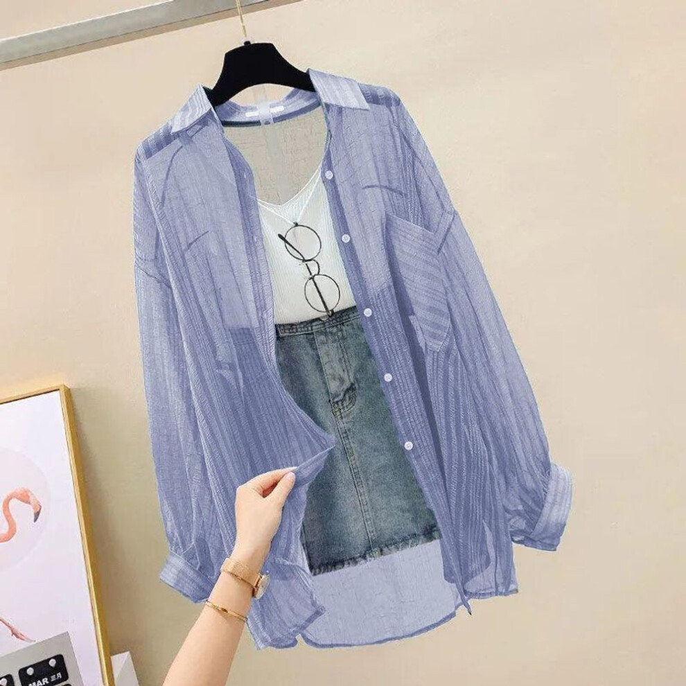 (L, blue) Summer Sunscreen Shirt Elegant Perspective Thin Chiffon Blouse Korean Harajuku See Through Loose Top Casual Women's Cardigan