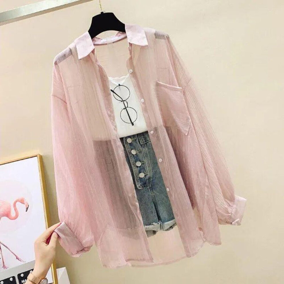 (XXL, pink) Summer Sunscreen Shirt Elegant Perspective Thin Chiffon Blouse Korean Harajuku See Through Loose Top Casual Women's Cardigan
