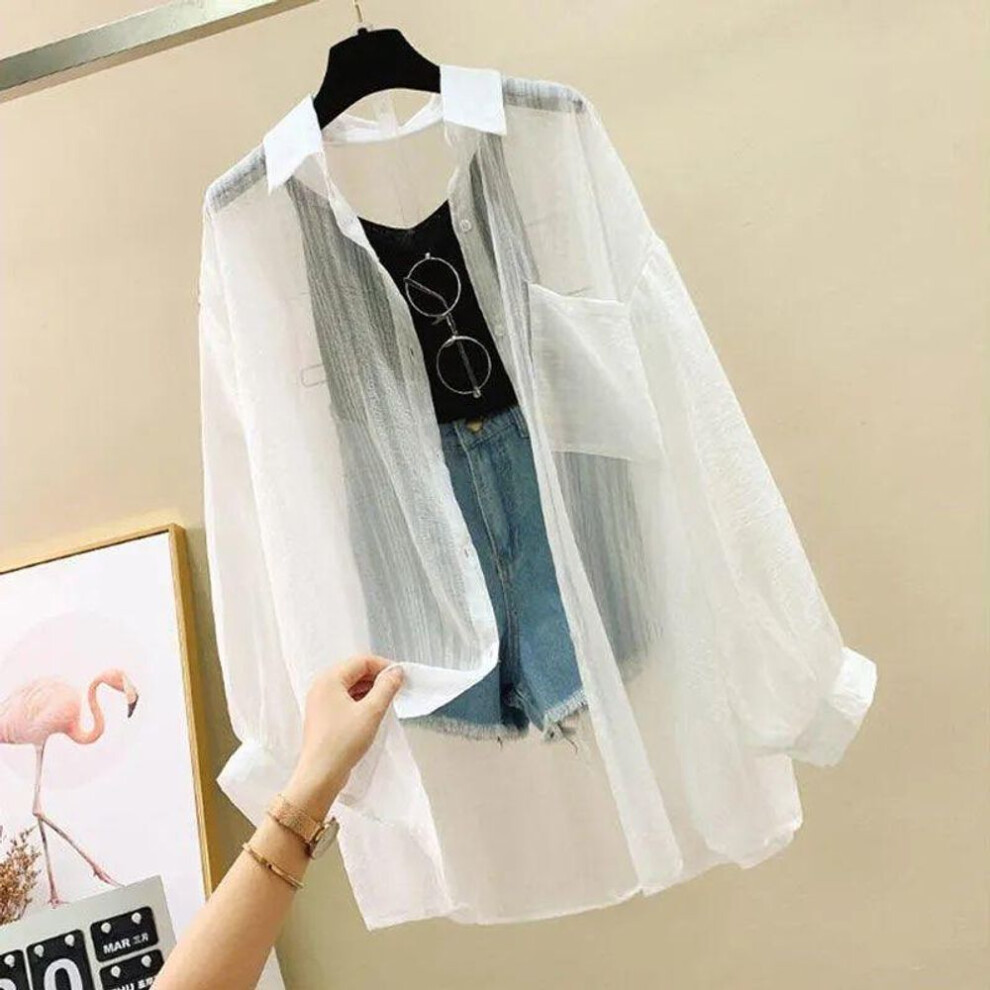 (S, white) Summer Sunscreen Shirt Elegant Perspective Thin Chiffon Blouse Korean Harajuku See Through Loose Top Casual Women's Cardigan