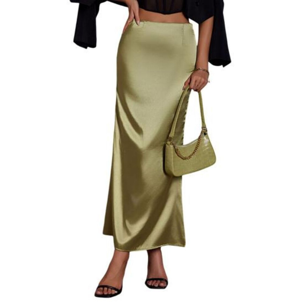 (S, green) Women Fishtail Skirt with Large Hem High Waist Hip Wrapped Imitation Silk Maxi Skirt Solid Color Slimming Satin Skirt