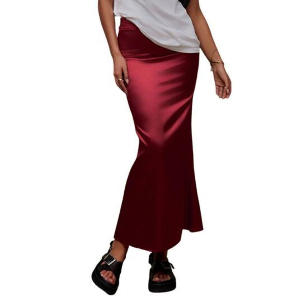(M, wine red) Women Fishtail Skirt with Large Hem High Waist Hip Wrapped Imitation Silk Maxi Skirt Solid Color Slimming Satin Skirt