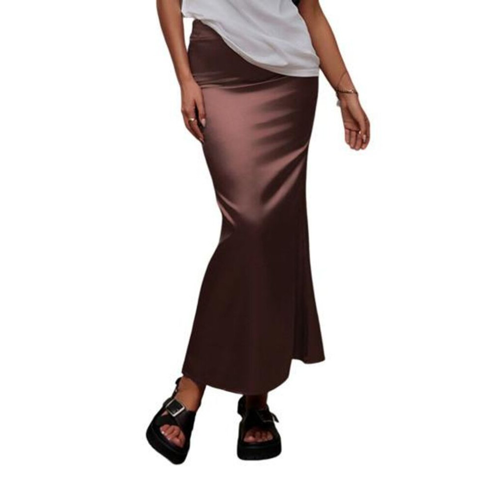 (S, coffee) Women Fishtail Skirt with Large Hem High Waist Hip Wrapped Imitation Silk Maxi Skirt Solid Color Slimming Satin Skirt
