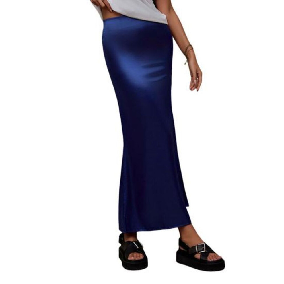 (L, navy blue) Women Fishtail Skirt with Large Hem High Waist Hip Wrapped Imitation Silk Maxi Skirt Solid Color Slimming Satin Skirt