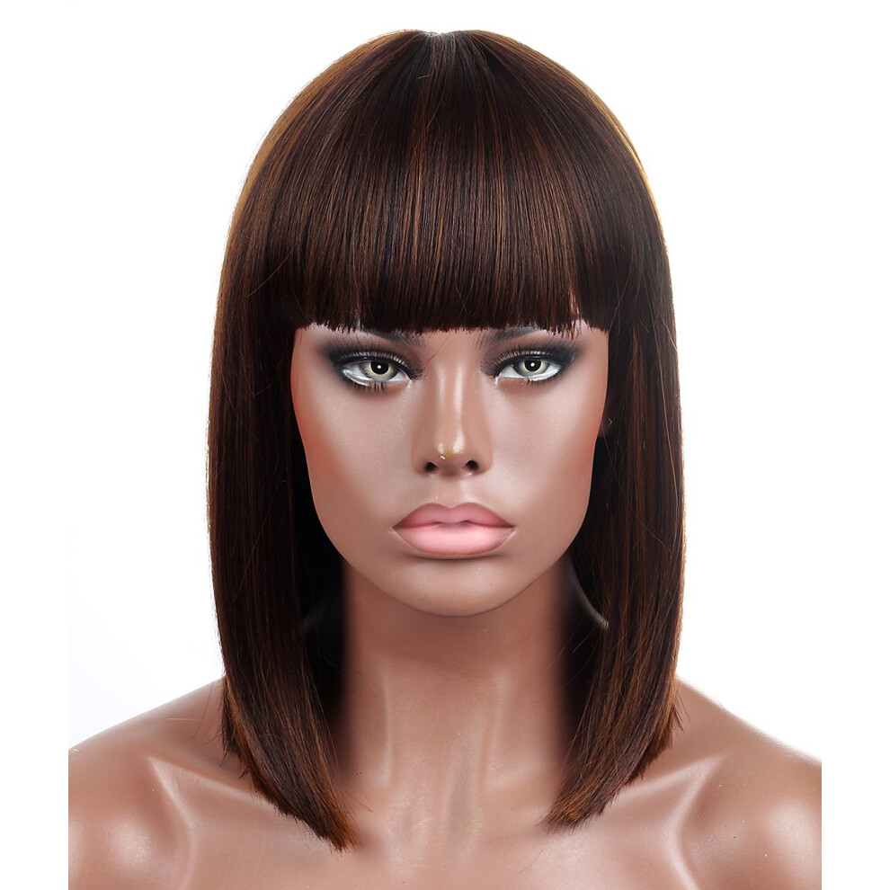 Kalyss Unisex Brown Blunt Bob Short Hair Wigs For Women Heat Resistant Yaki Synthetic Hair Highlights Womens Wig With Hair Bangs (Brown)