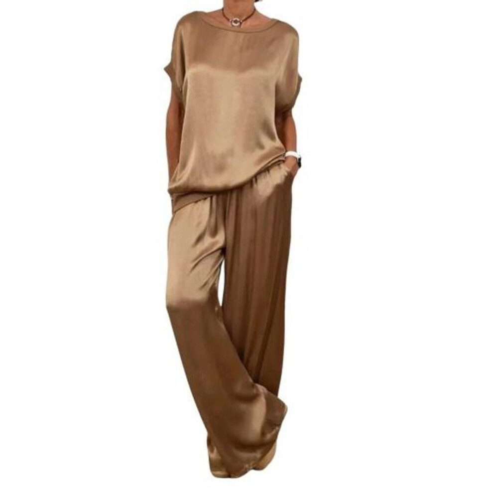 (khaki, S) Women's Satin Silky Two-piece Set Casual Crew Neck Short Sleeve Top Wide