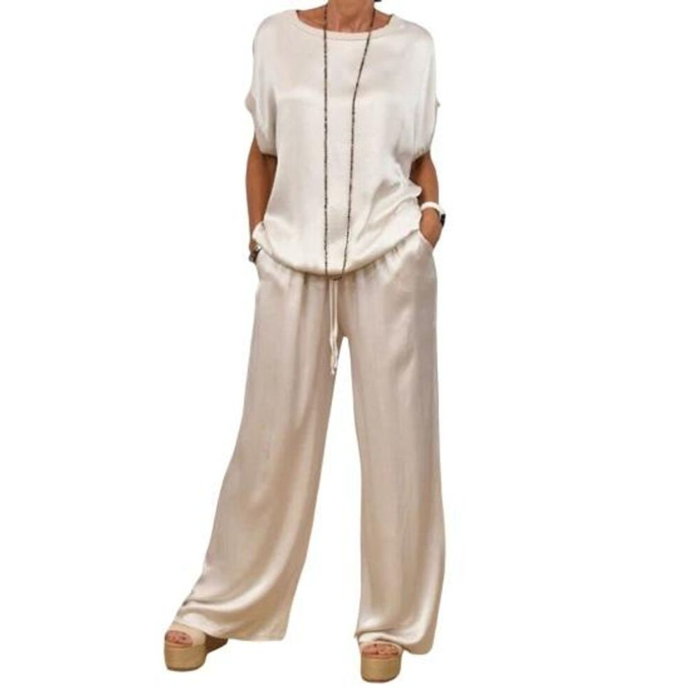 (white, XL) Women's Satin Silky Two-piece Set Casual Crew Neck Short Sleeve Top Wide