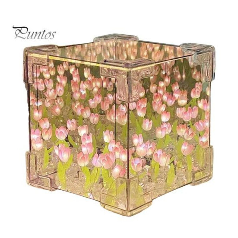 (pink, Battery) LED Tulip Flower Mirror Night Light Realistic Soft Glow Simple Installation Bedside Lamp Desktop Decor DIY Assembly Kit