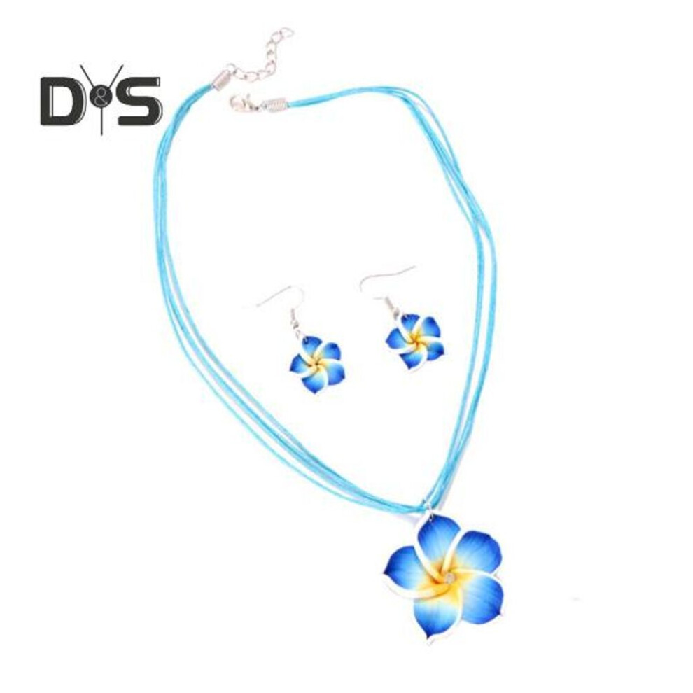(blue) 2Pcs/Set Women Jewelry Set Large Flower Pendant Necklace Drop Earrings Set Soft Ceramic Floral Jewelry Gift