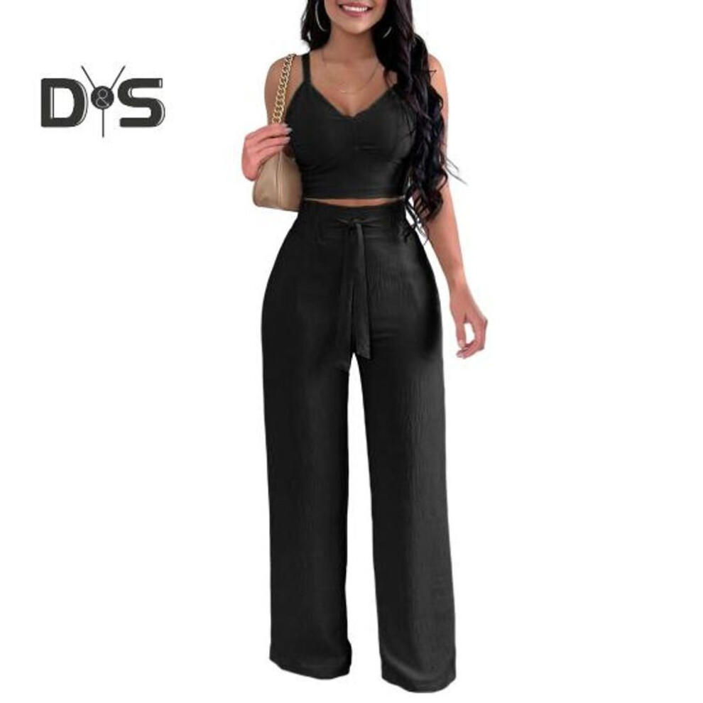 (black, 2XL) Two Pieces Outfit For Women V-neck Sleeveless Strappy Crop Top Wide Leg Pants Set Casual Summer Lounge Wear For Beach Vacation