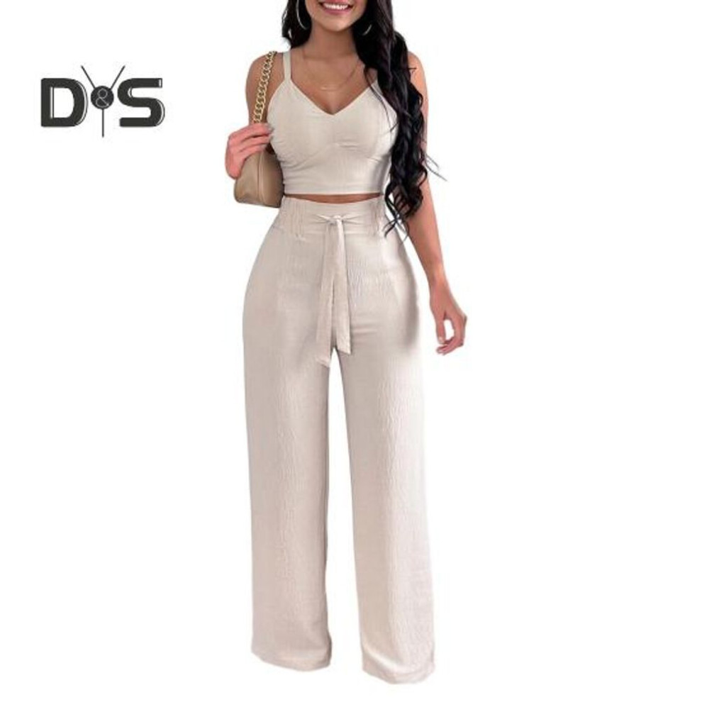 (apricot, M) Two Pieces Outfit for Women V-Neck Sleeveless Strappy Crop Top Wide Leg Pants Set Casual Summer Lounge Wear for Beach Vacation