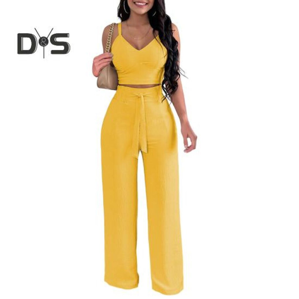 (yellow, 2XL) Two Pieces Outfit For Women V-neck Sleeveless Strappy Crop Top Wide Leg Pants Set Casual Summer Lounge Wear For Beach Vacation