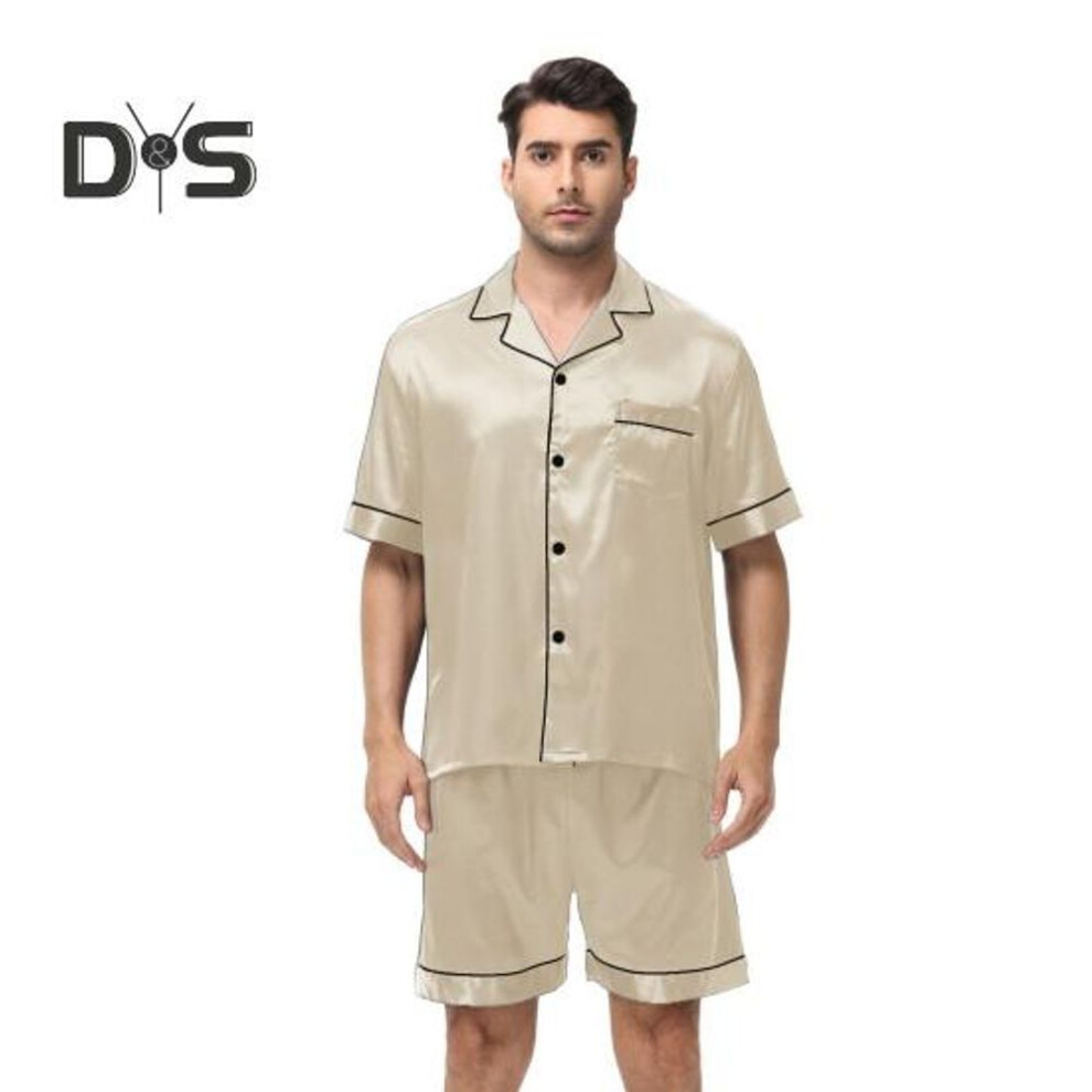 (XL, champagne) 2pcs/set Men Pajamas Set Lapel Short Sleeve Single Breasted Tops Elastic Waist Shorts Set Solid Color Satin Sleepwear