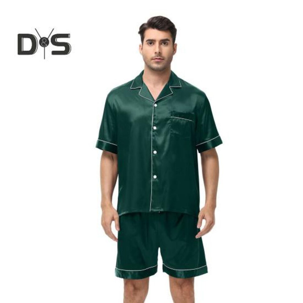 (M, green) 2Pcs/Set Men Pajamas Set Lapel Short Sleeve Single Breasted Tops Elastic Waist Shorts Set Solid Color Satin Sleepwear