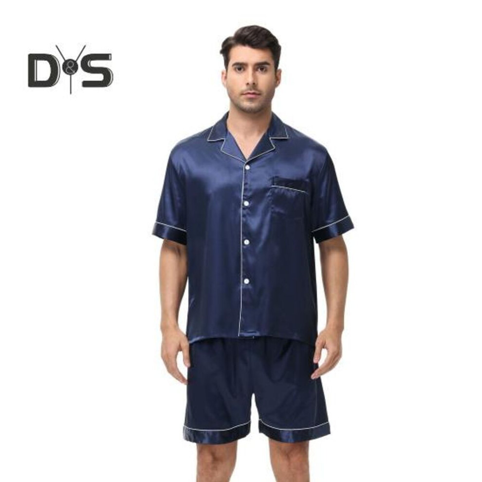 (S, navy blue) 2Pcs/Set Men Pajamas Set Lapel Short Sleeve Single Breasted Tops Elastic Waist Shorts Set Solid Color Satin Sleepwear