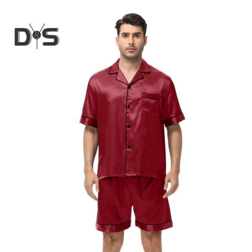 (XL, wine red) 2Pcs/Set Men Pajamas Set Lapel Short Sleeve Single Breasted Tops Elastic Waist Shorts Set Solid Color Satin Sleepwear