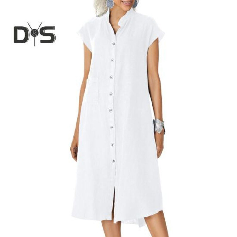 (white, XL) Summer Midi Dress Stand-up Collar Button-down Short Sleeve Loose Calf Length Dress Solid Color Casual Dress with Pocket