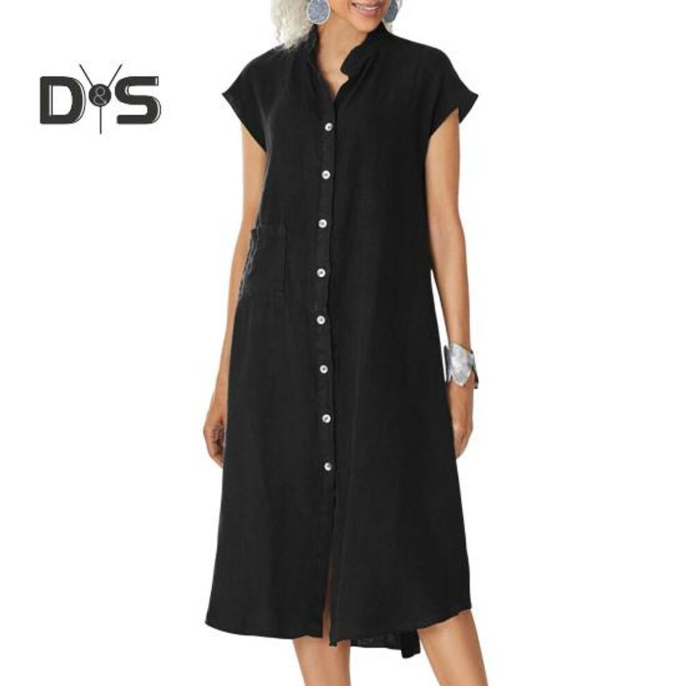(black, M) Summer Midi Dress Stand-up Collar Button-down Short Sleeve Loose Calf Length Dress Solid Color Casual Dress with Pocket